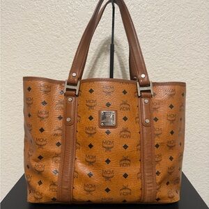 MCM Visetos Brown Leather Tote with Logo Plaque